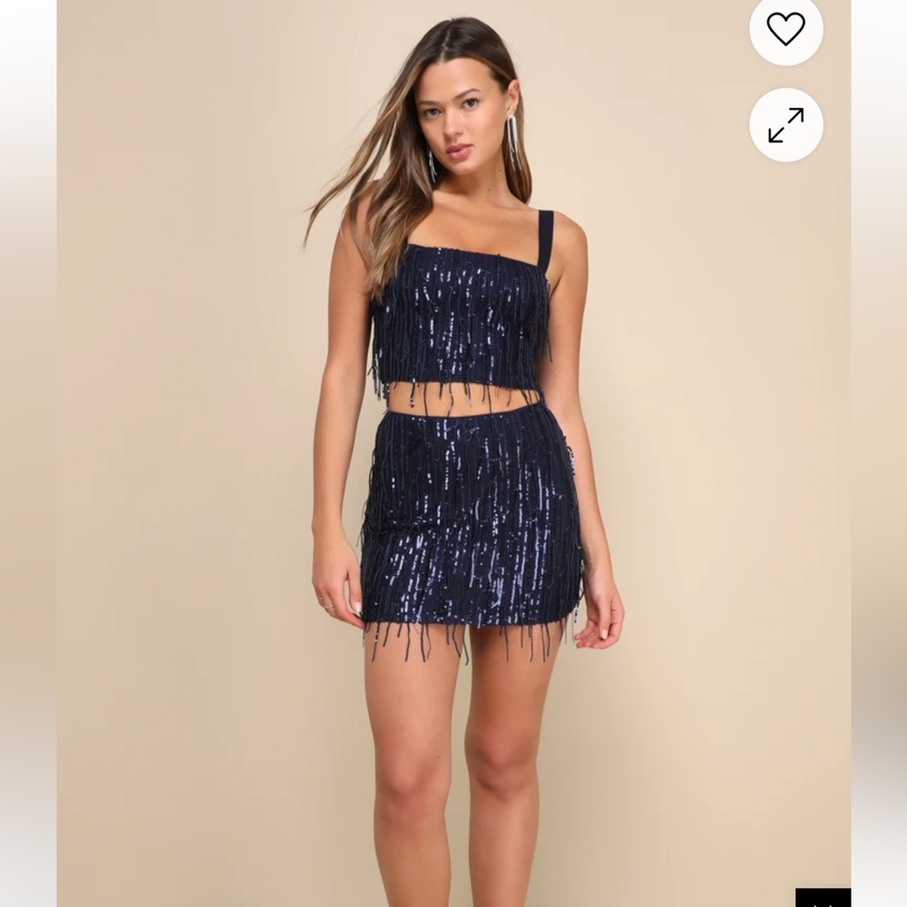 NWT LuLu’s Sparkling Drama Navy Blue Sequin Fringe 2 Piece Set Size XS